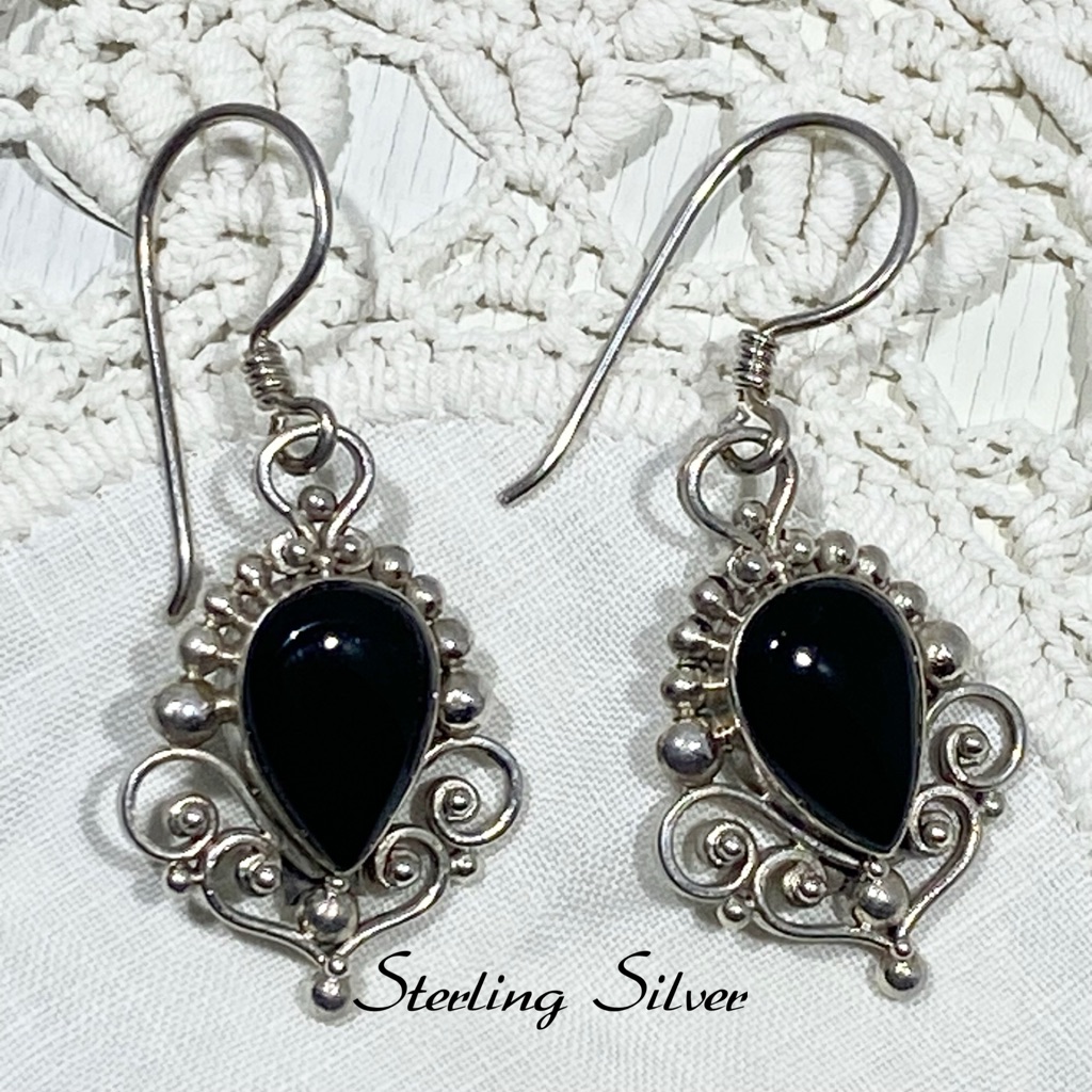Black Onyx Sterling Silver Mexico Filigree Dangle Earrings 79$